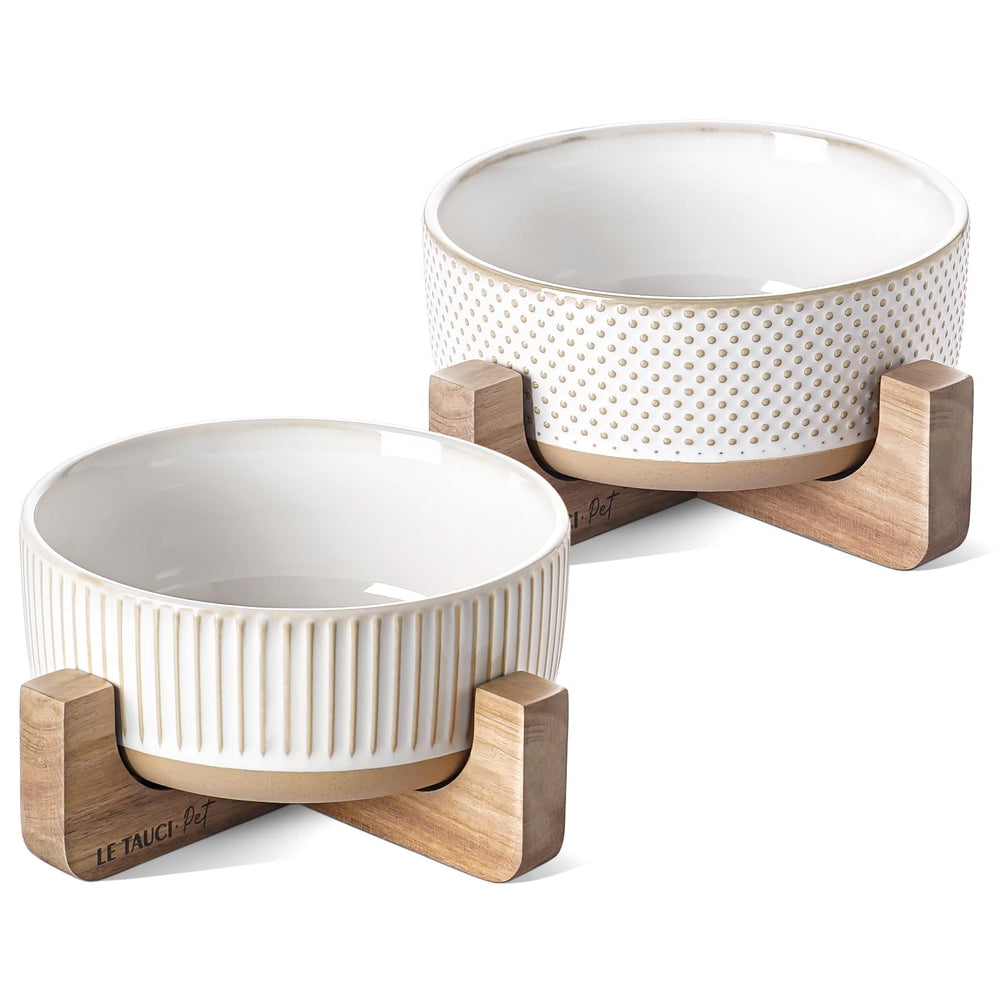 LE TAUCI PET ceramic dog bowls on wood stand—front view for easy feeding.