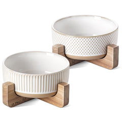 LE TAUCI PET ceramic dog bowls on wood stand—front view for easy feeding.