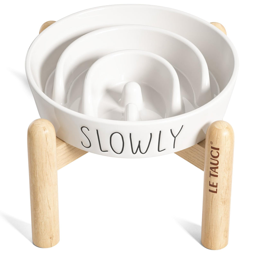 LE TAUCI PET ceramic elevated slow feeder dog bowl white for small dogs