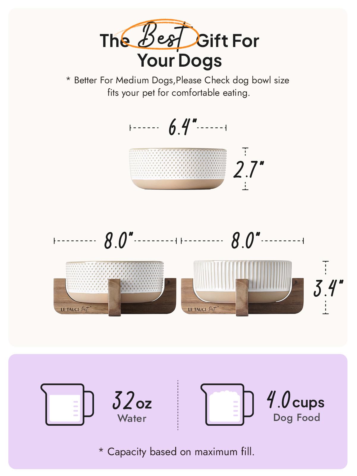 LE TAUCI PET two-bowl ceramic set with wooden stand for shared meals.