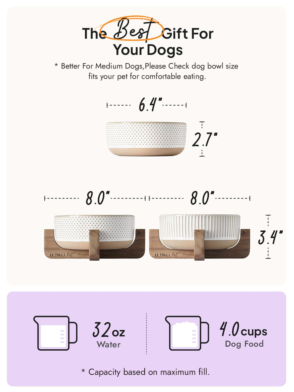 LE TAUCI PET two-bowl ceramic set with wooden stand for shared meals.