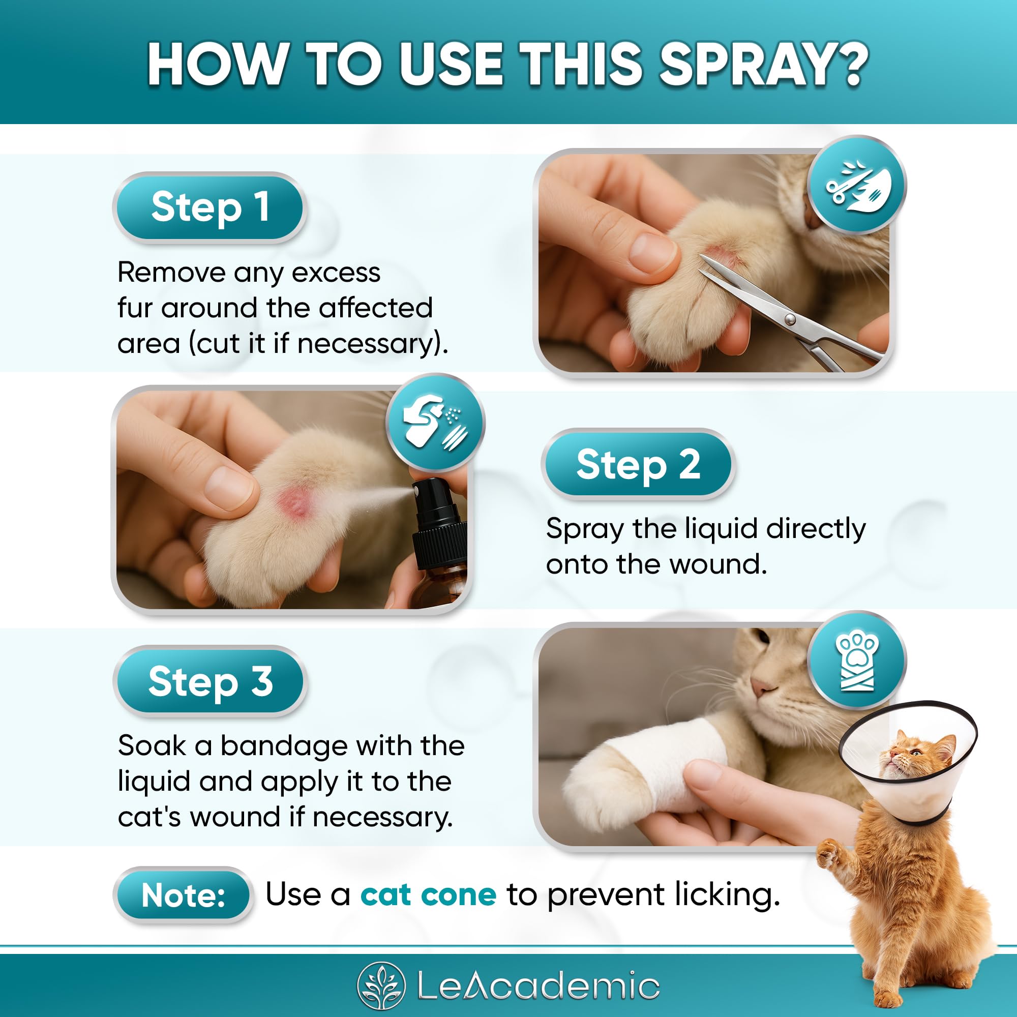 LeAcademic cat wound spray on skin area demonstrates gentle spray coverage for irritated skin.