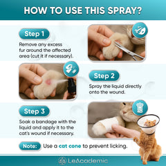 LeAcademic cat wound spray on skin area demonstrates gentle spray coverage for irritated skin.