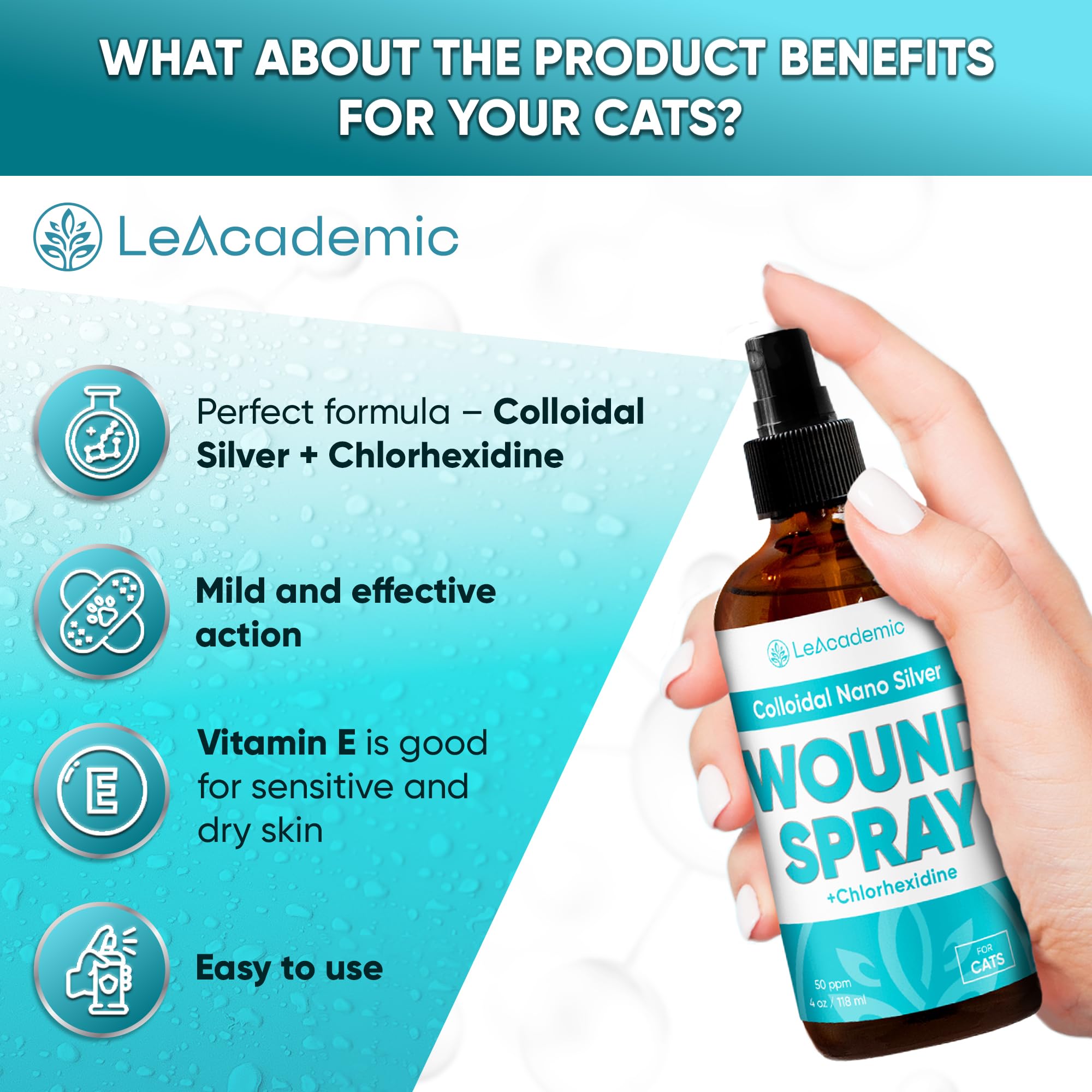 LeAcademic cat wound spray packaging closeup showing convenient 4 oz bottle for home use.