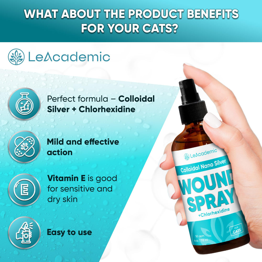 LeAcademic cat wound spray packaging closeup showing convenient 4 oz bottle for home use.