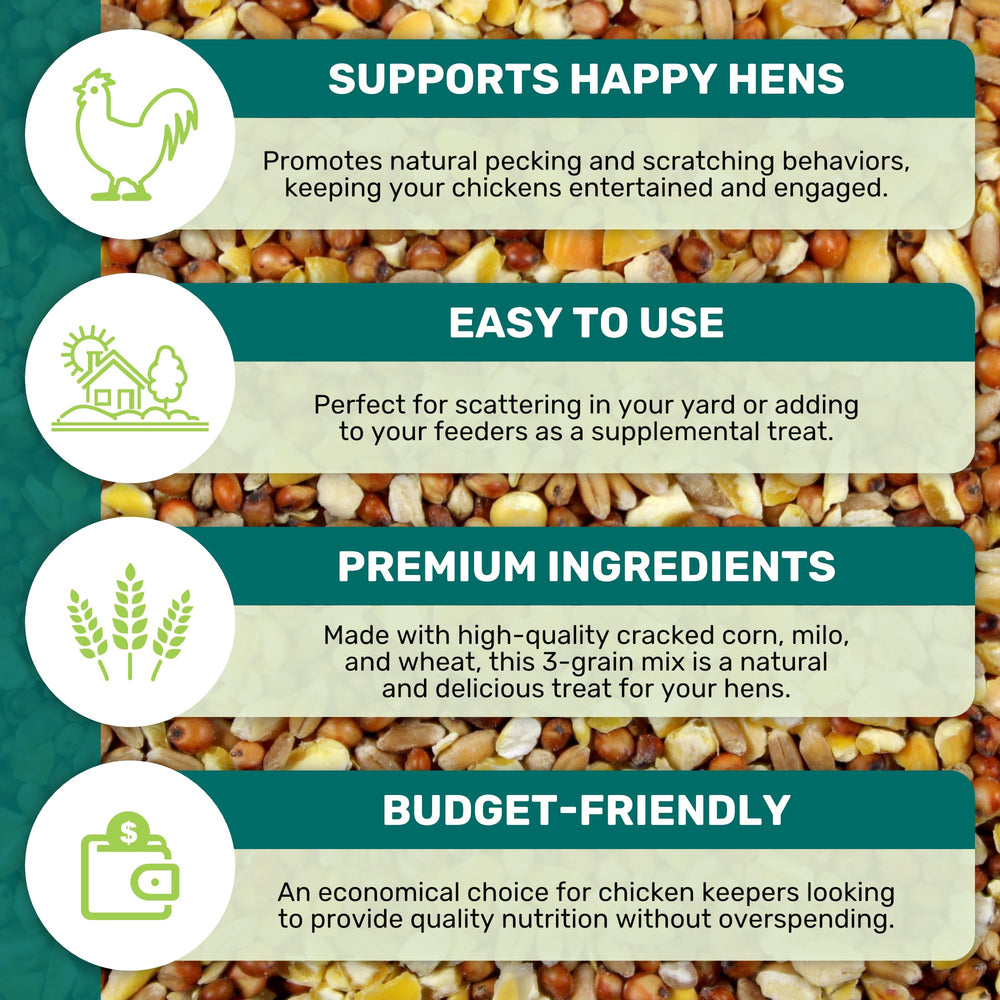 LEACH GRAIN & MILLING CO. chicken scratch grains-closeup—non-GMO, natural nutrition without artificial additives.