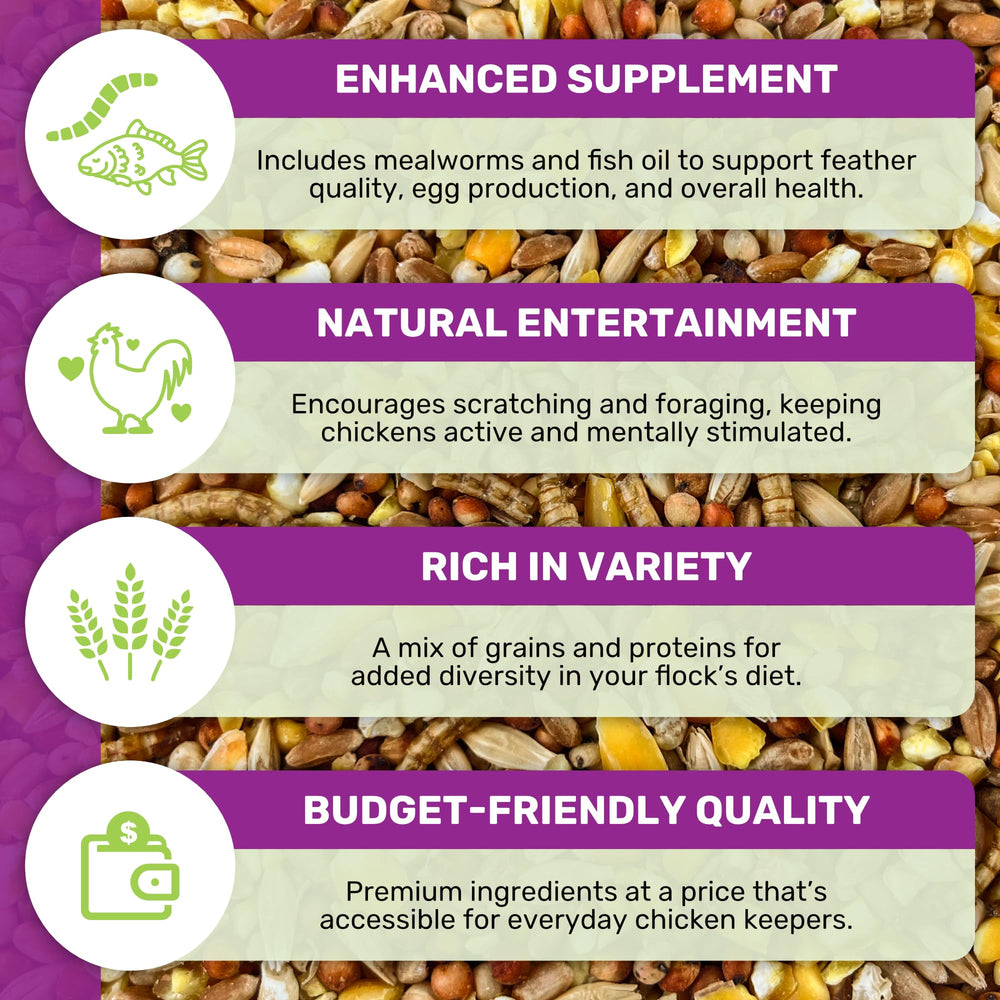 LEACH GRAIN & MILLING CO mealworms visible in mix providing protein boost for feather quality.