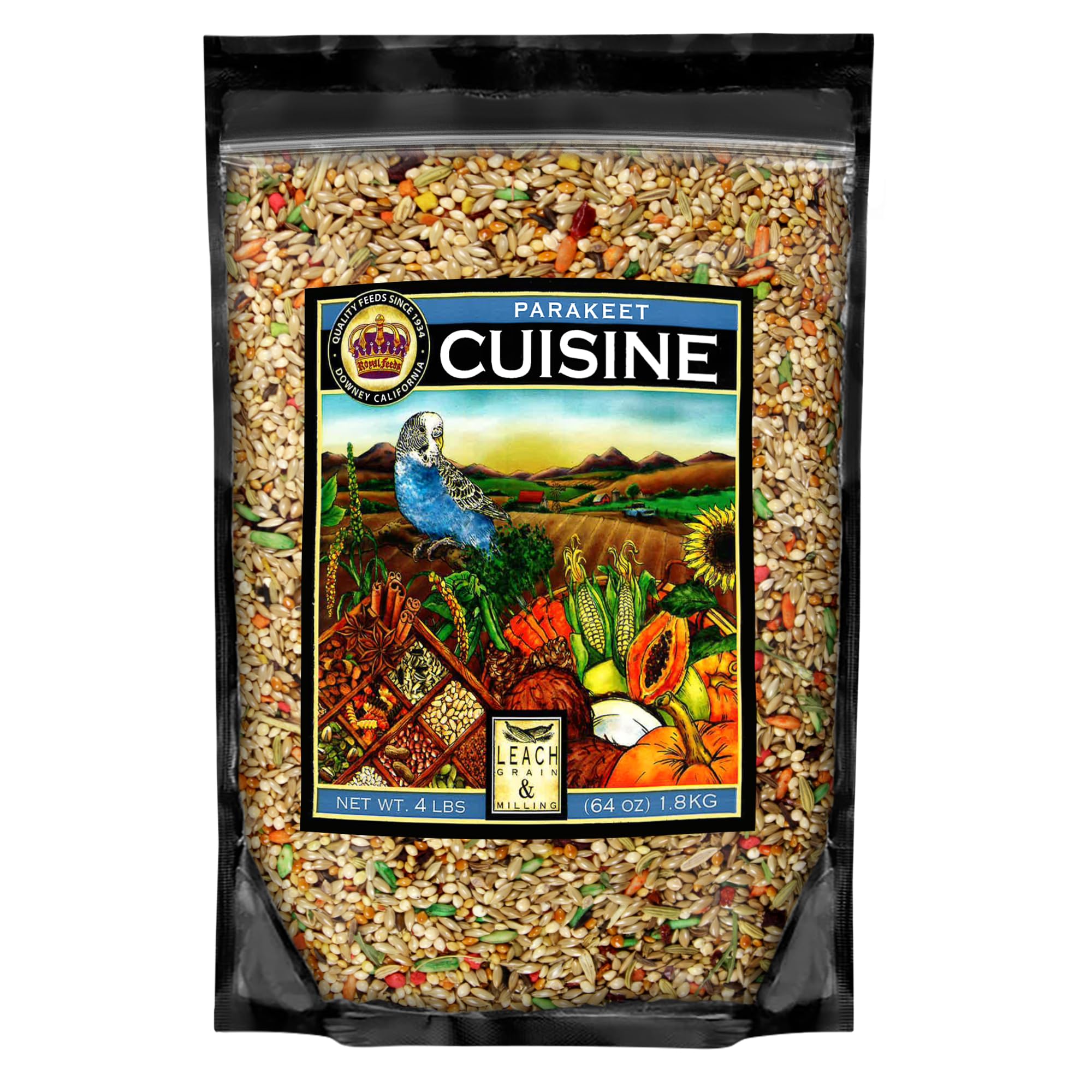 LEACH GRAIN & MILLING CO. Parakeet Cuisine seed blend in bowl supports daily nutrition and energy.
