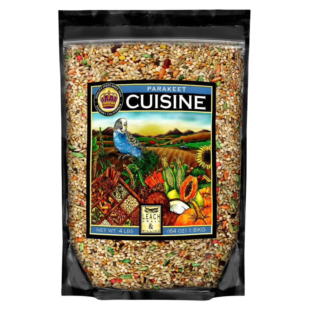 LEACH GRAIN & MILLING CO. Parakeet Cuisine seed blend in bowl supports daily nutrition and energy.