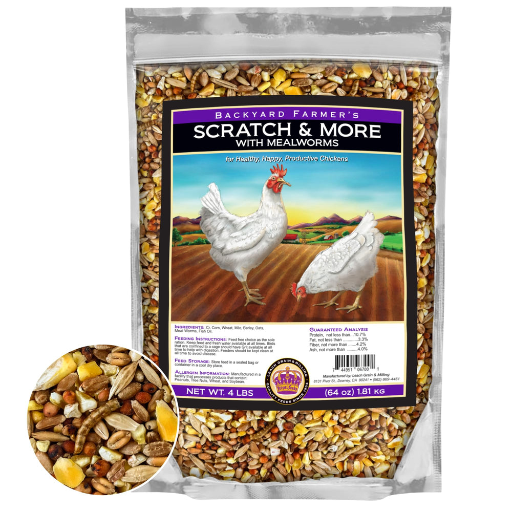 LEACH GRAIN & MILLING CO Scratch & More feed bag shows enriched 5-grain mix for healthier plumage.