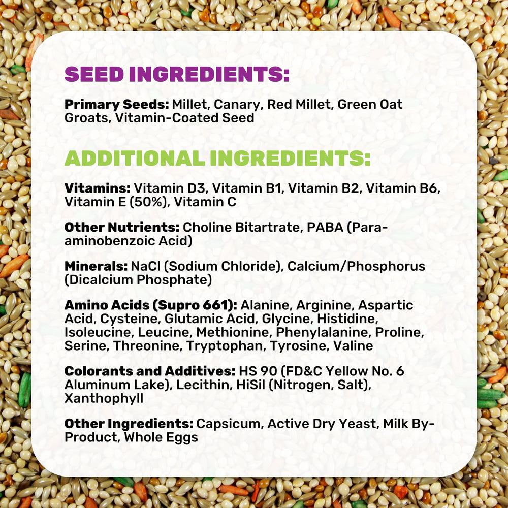 LEACH Parakeet Food Plus label closeup reinforces trusted expertise for healthy bird nutrition.