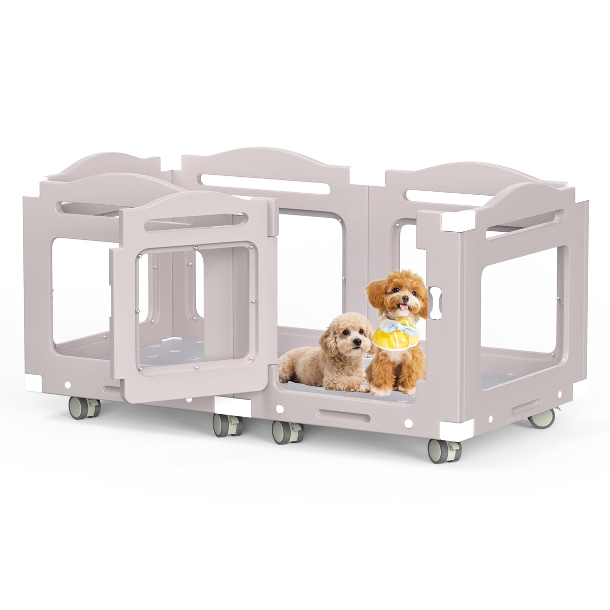 LEAGIM acrylic dog playpen stroller offers portable indoor mobility for safe room-to-room supervision.