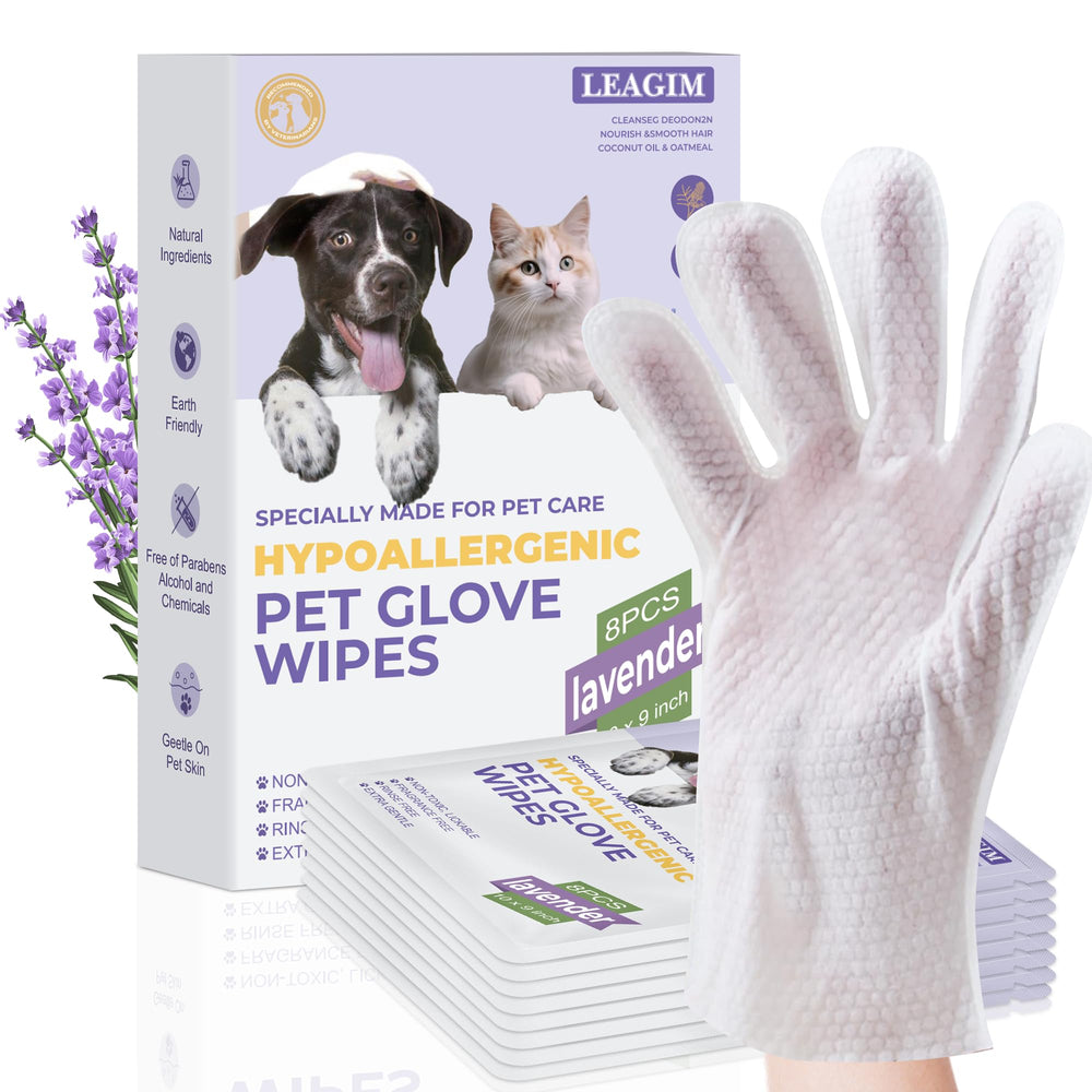 LEAGIM Pet Cleaning Glove Wipes front packaging shows no rinse convenience for quick cleanup.