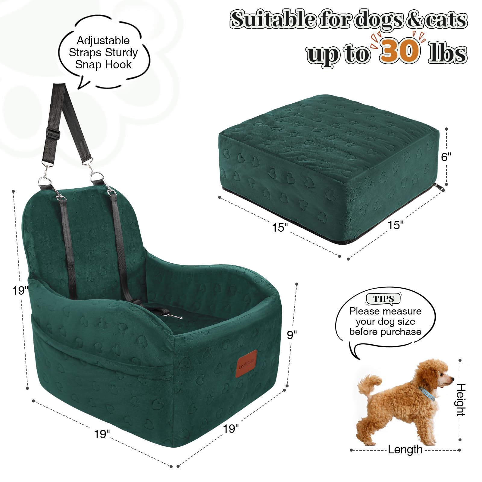 Lealchum dog booster car seat green side view highlighting elevated comfort