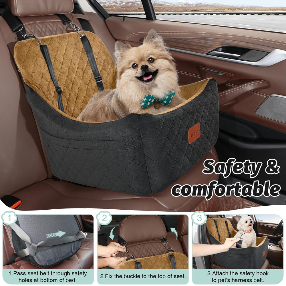 Lealchum Dog Booster Seat in-car use cases highlight travel-ready puppy comfort.