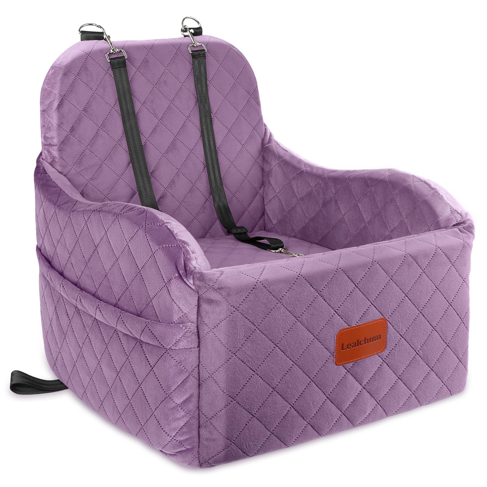 Lealchum dog booster seat in purple supports safe, comfortable car travel for small to medium dogs.