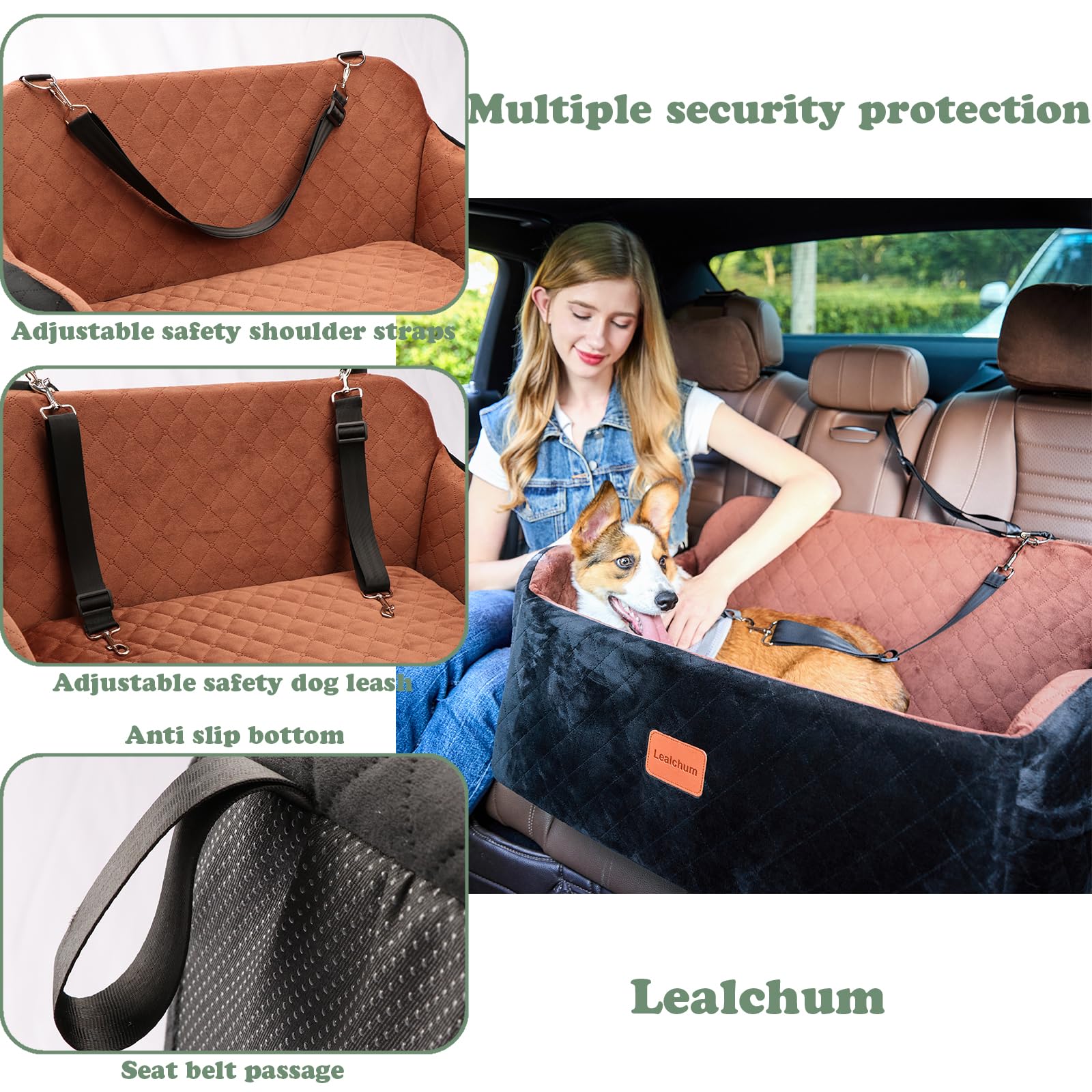 Lealchum dog car seat adjustable strap anchors to headrest.