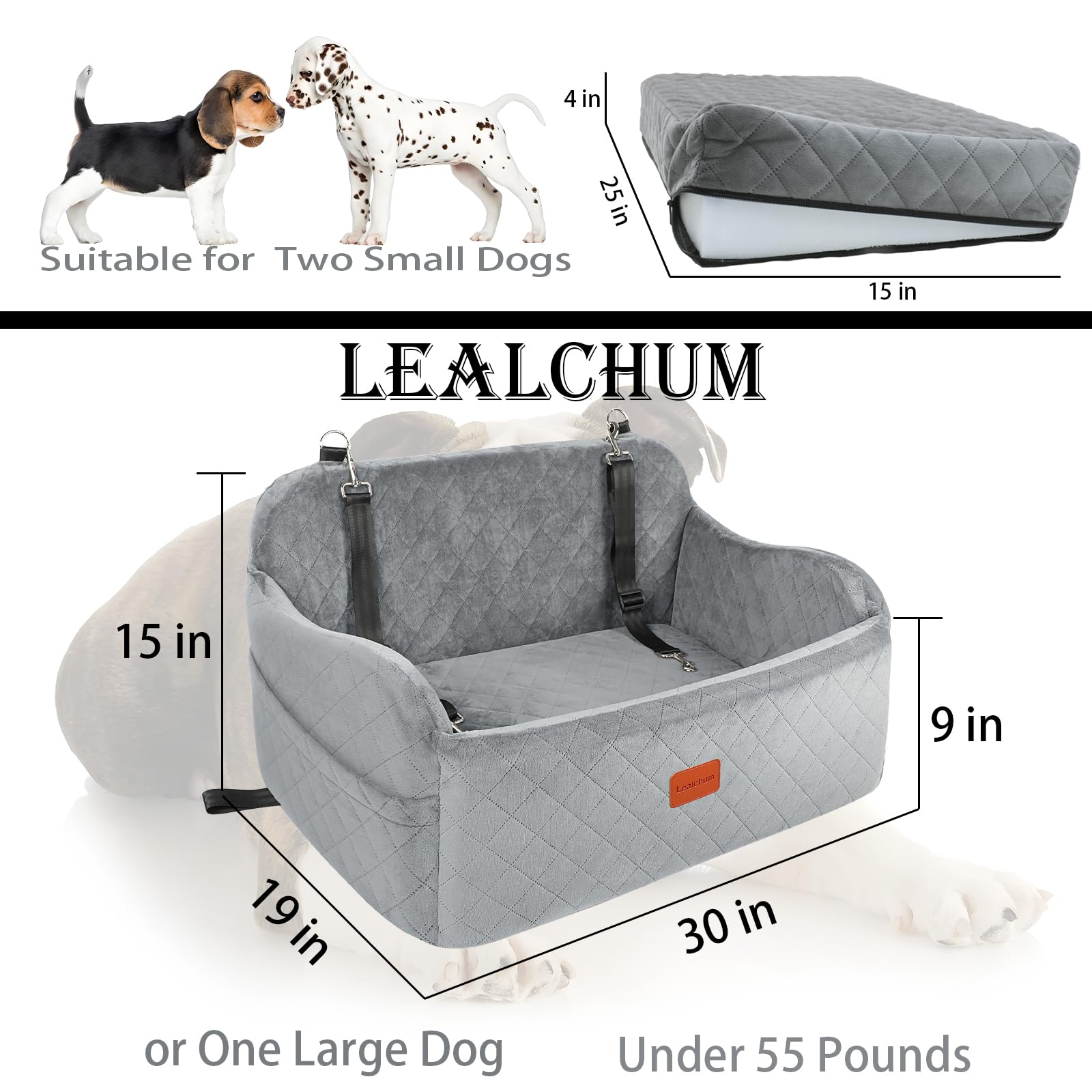 Lealchum dog car seat bottom cushion highlights 3.8-inch comfort base.