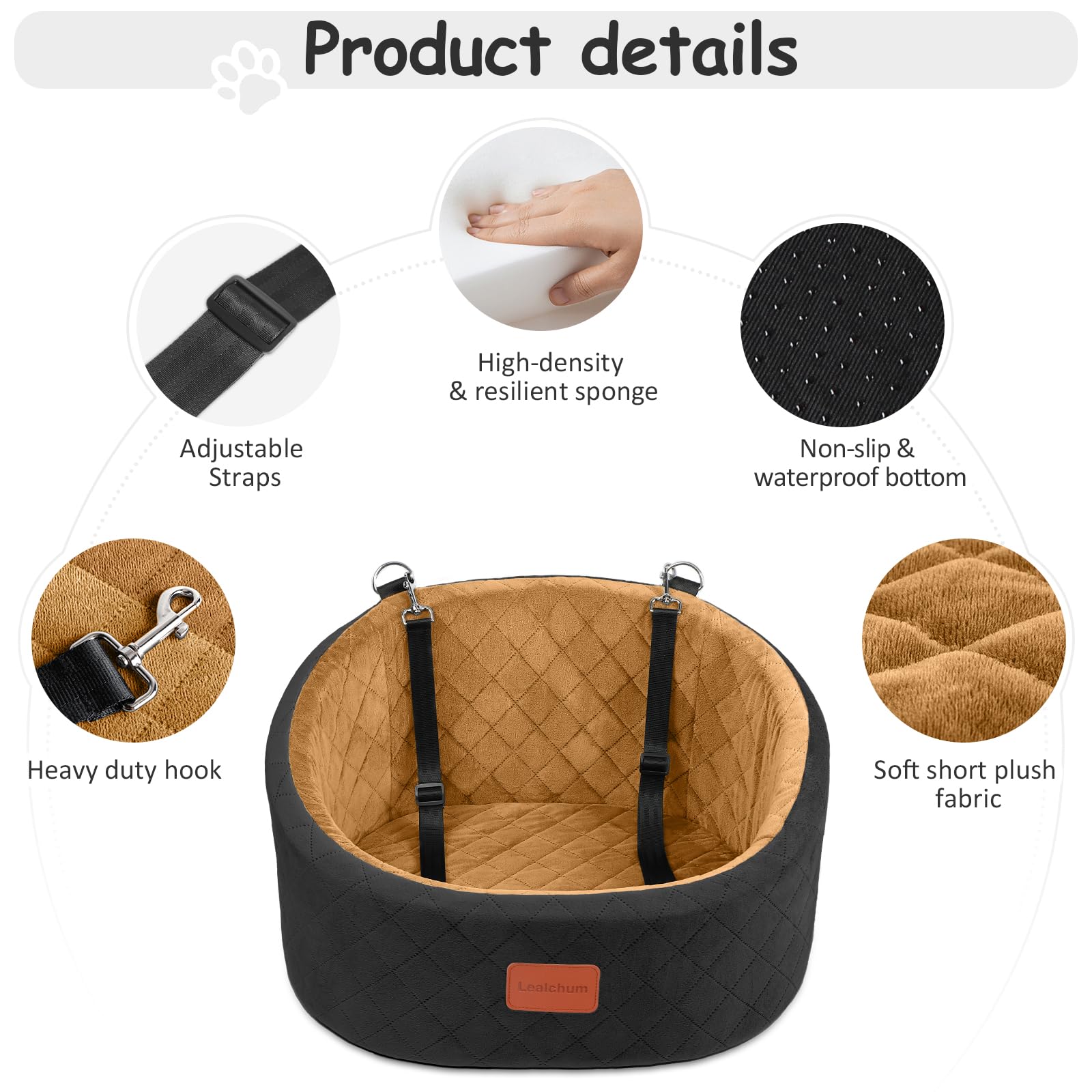 Lealchum dog car seat memory-foam provides cushioned support for small dogs.