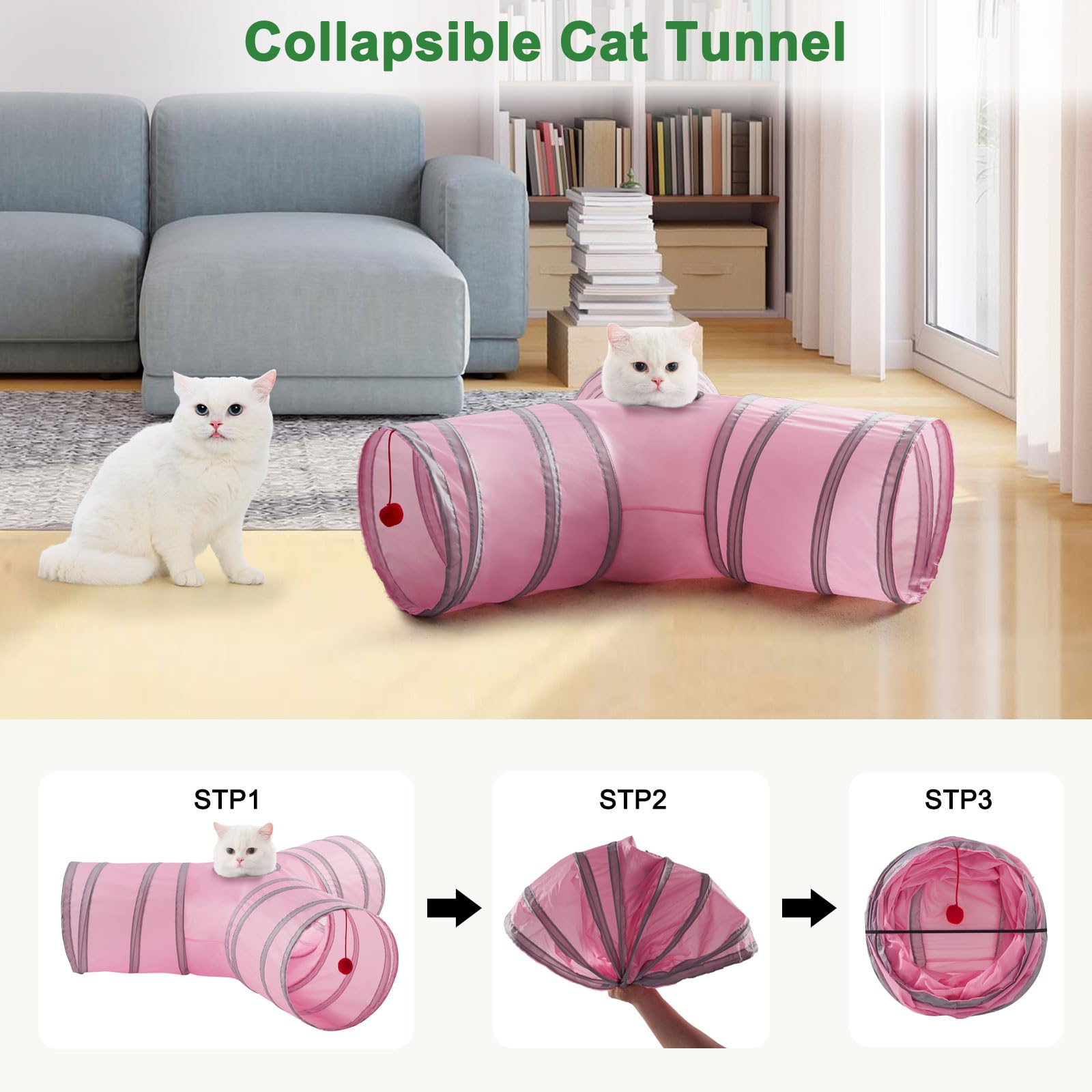 LeamStyle Home cat tunnel safety tips note to avoid foam ball ingestion.
