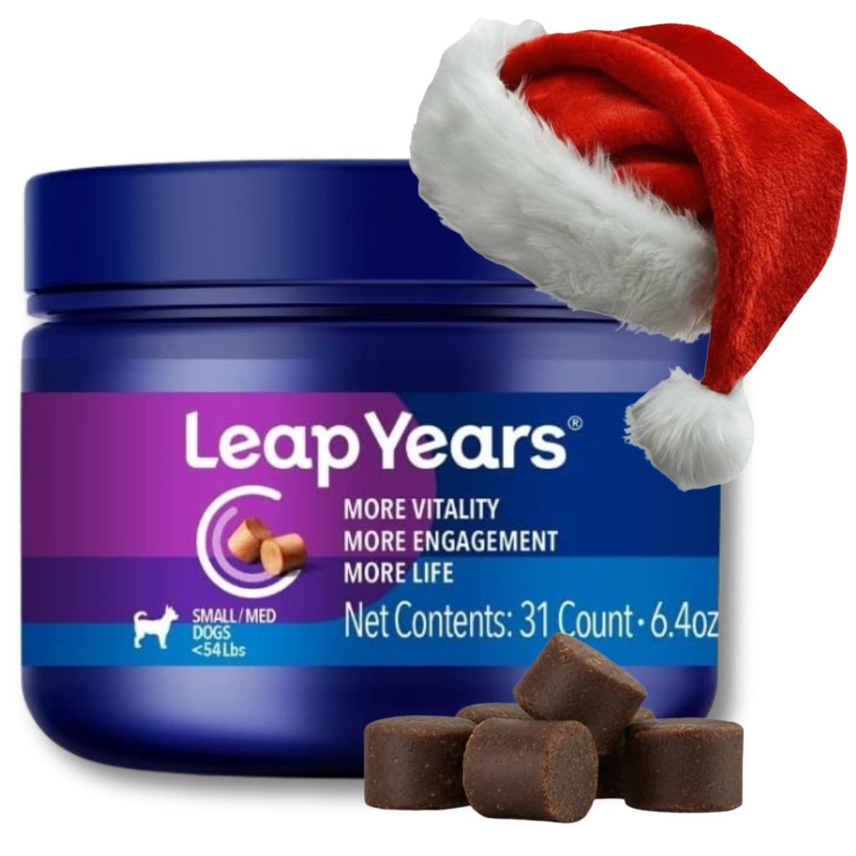 Leap Years Soft Chews bottle front displays daily vitality support for dogs