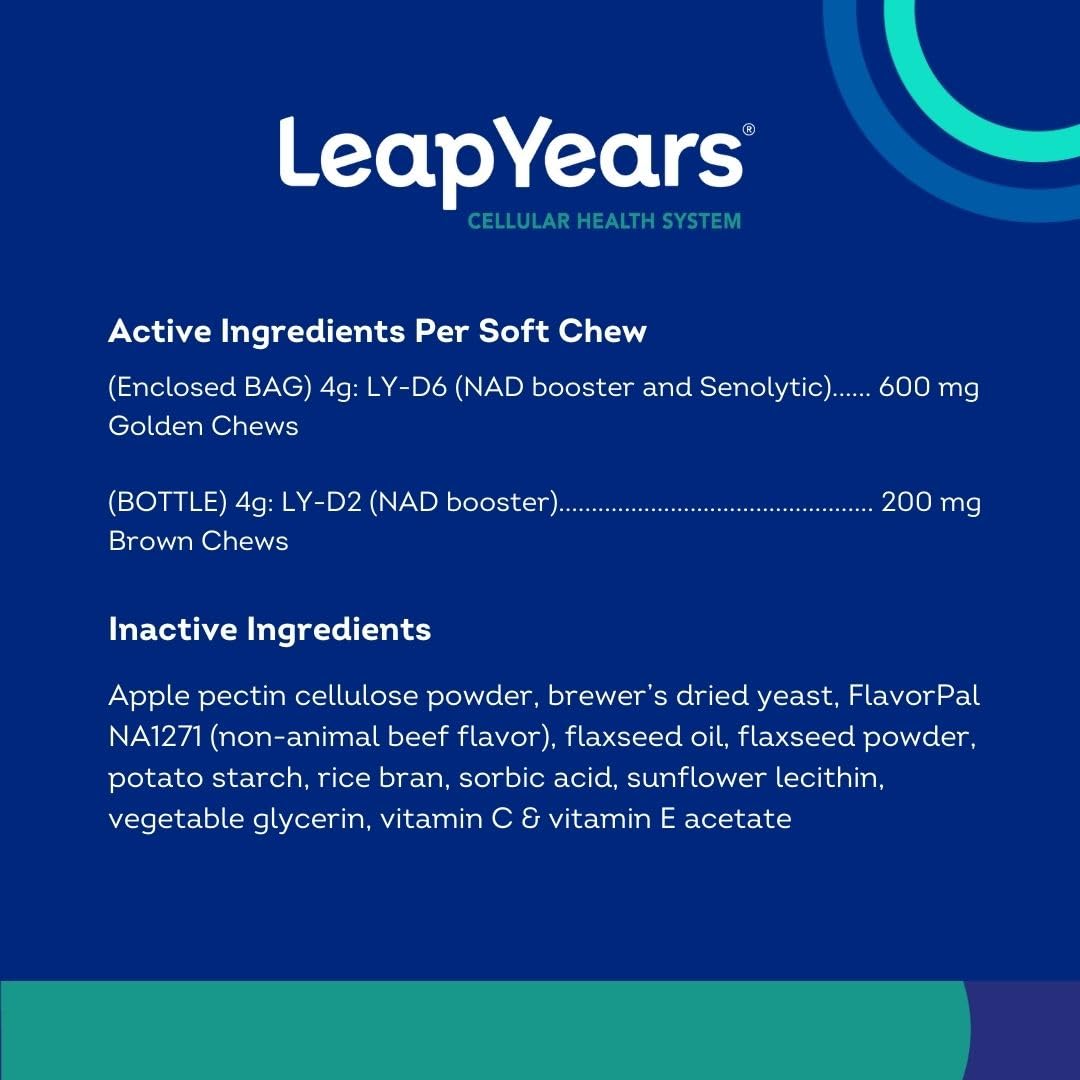 Leap Years Soft Chews patent-pending-label highlights unique cellular-health approach
