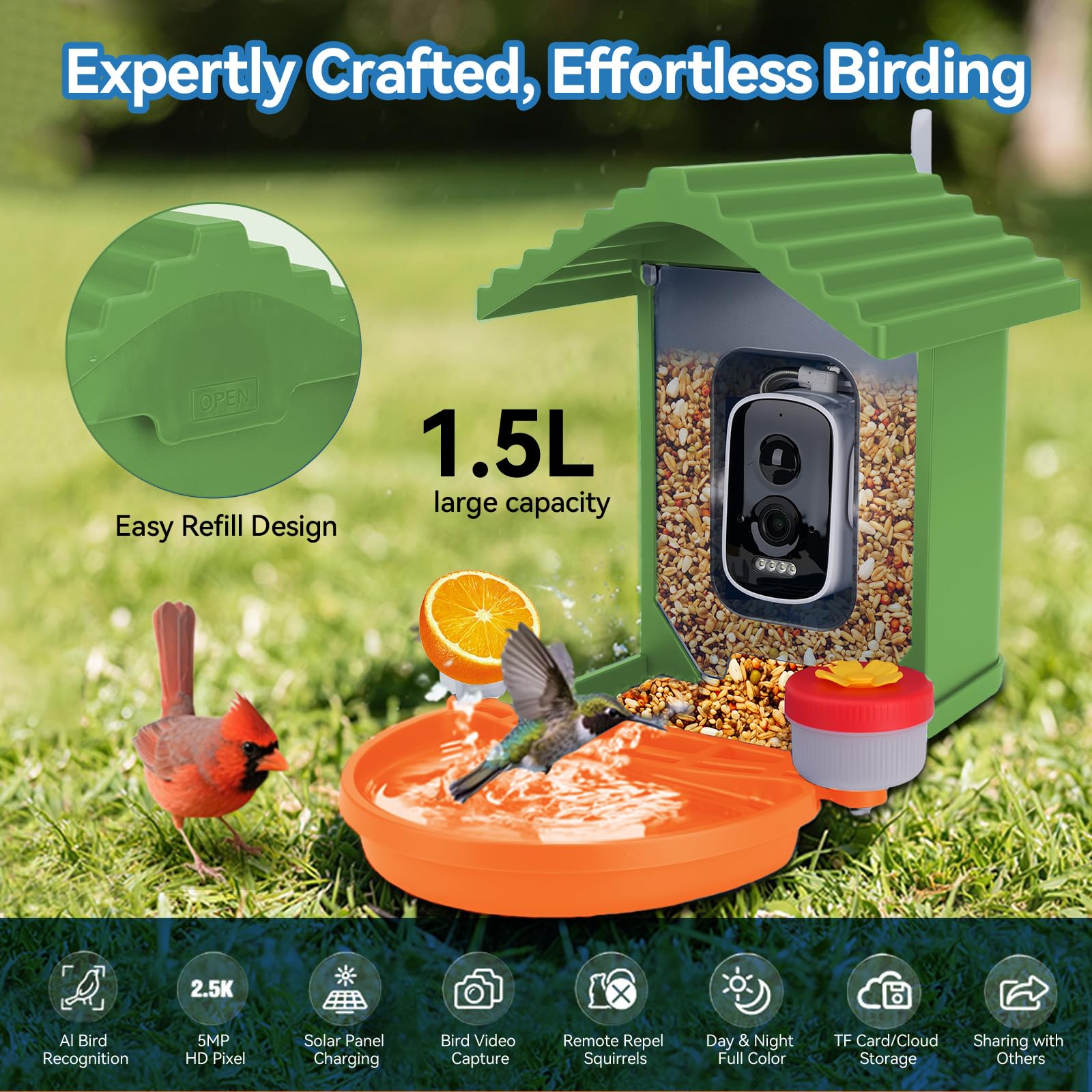 Leapbird 1.5L capacity reduces refills during birdwatching.