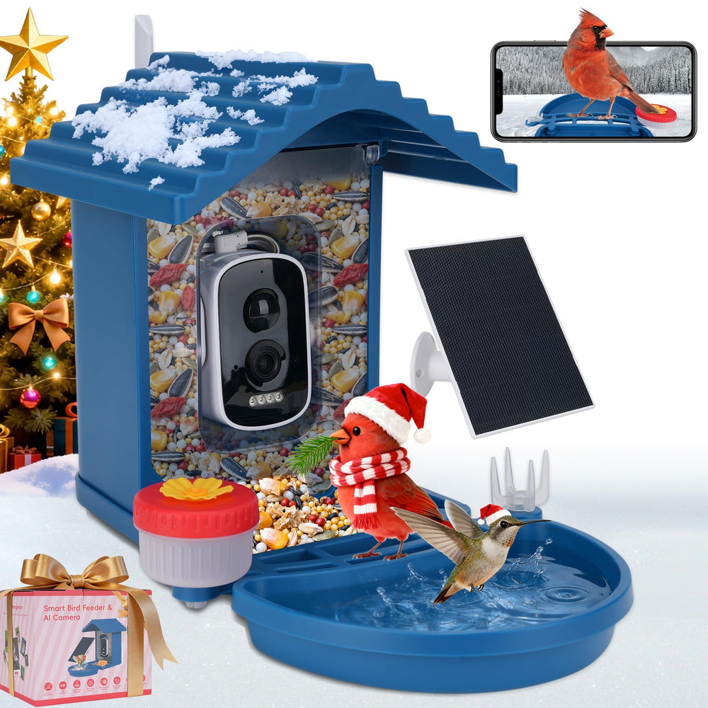 Leapbird bird feeder camera front view with solar power for continuous outdoor bird watching.