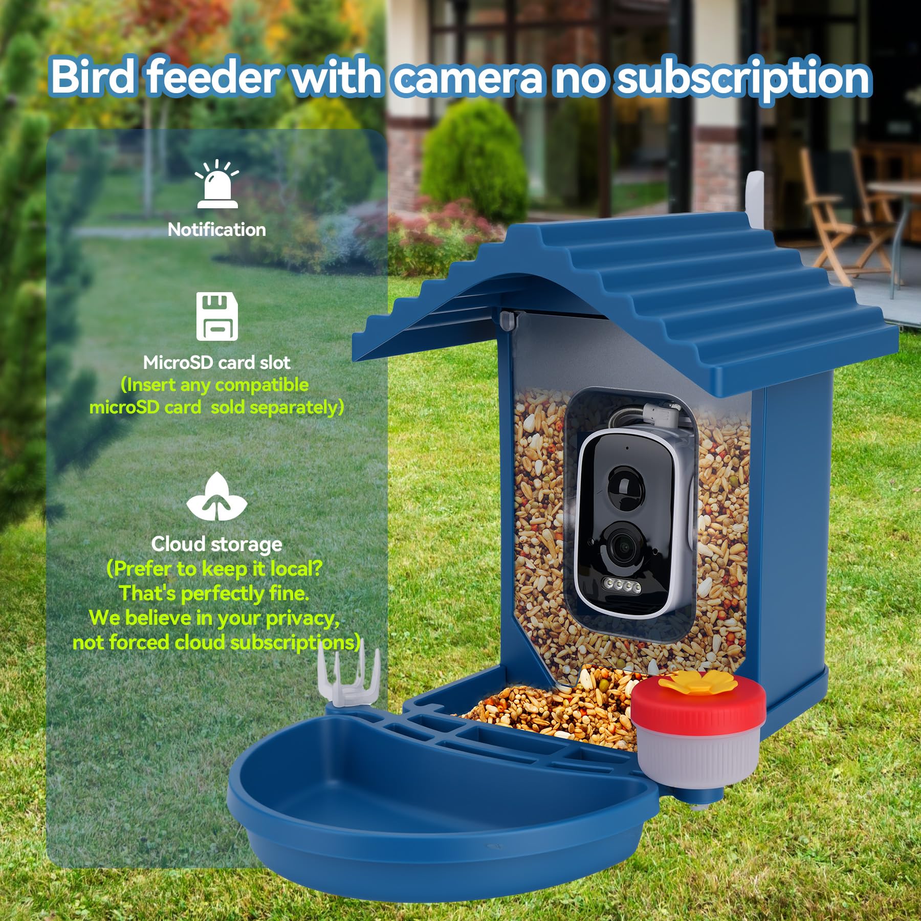 Leapbird bird feeder camera side view shows large seed container reducing refills.