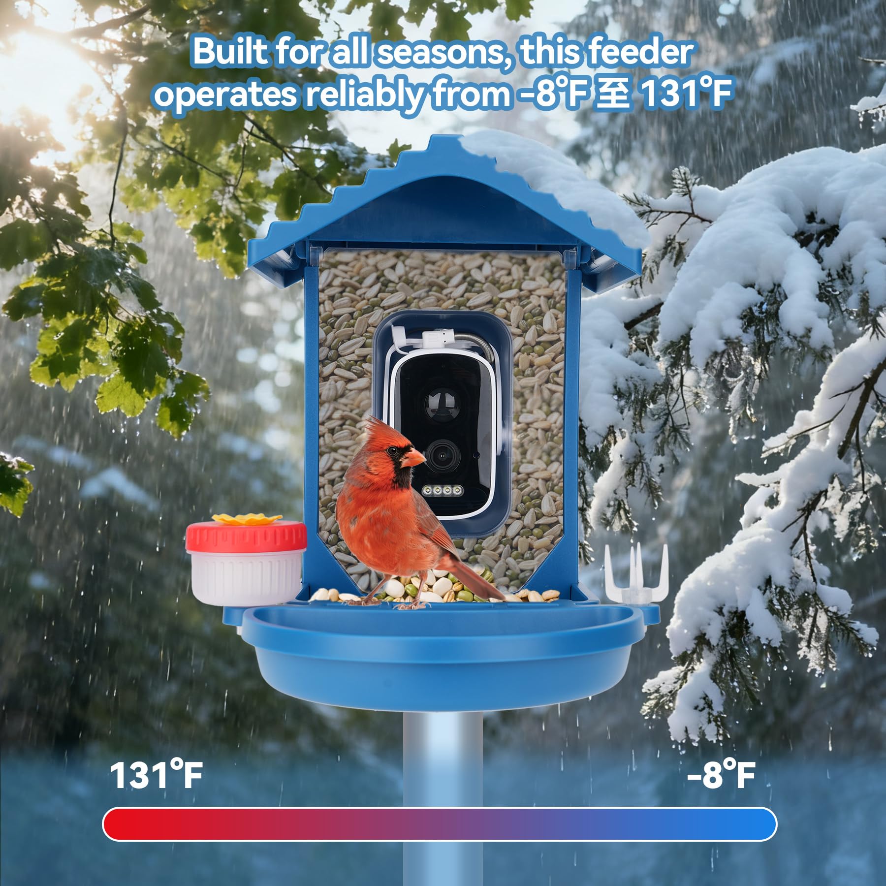 Leapbird bird feeder large seed container image showing extended feeding between fills.
