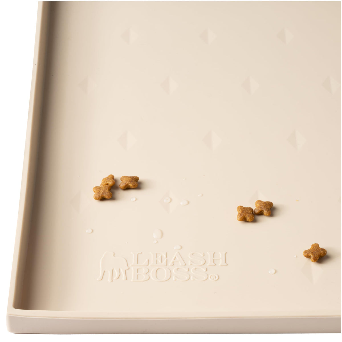 Leash Boss dog food mat waterproof beige 20x13 protects floors from spills during meals.