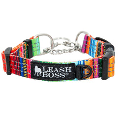 Leash Boss martingale collar steel chain closeup showing durable hardware for control