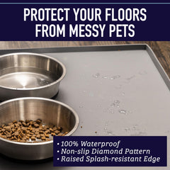 Leash Boss waterproof pet mat with raised edge contains kibble and liquids