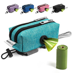 Leashrr 2.0 poop bag holder on leash in teal, keeps bags accessible during walks.