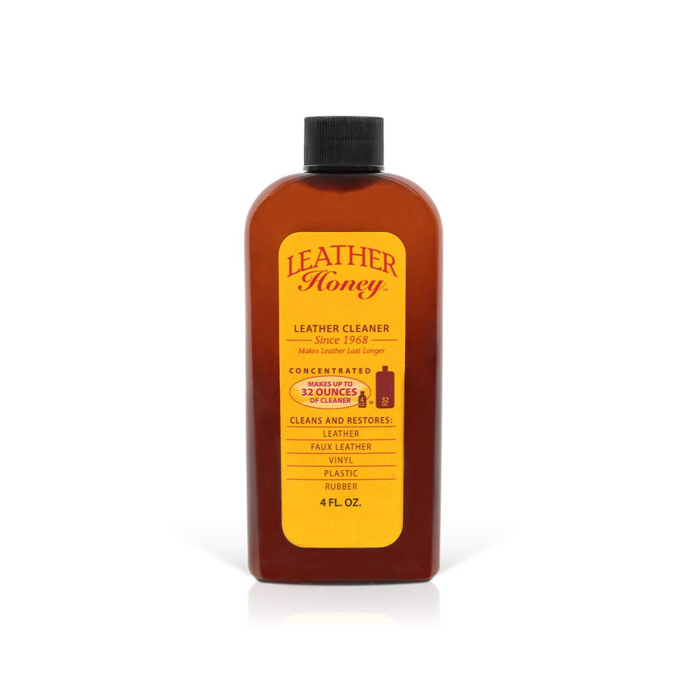 Leather Honey bottle closeup demonstrates non-toxic cleaner for safe maintenance on all colors.