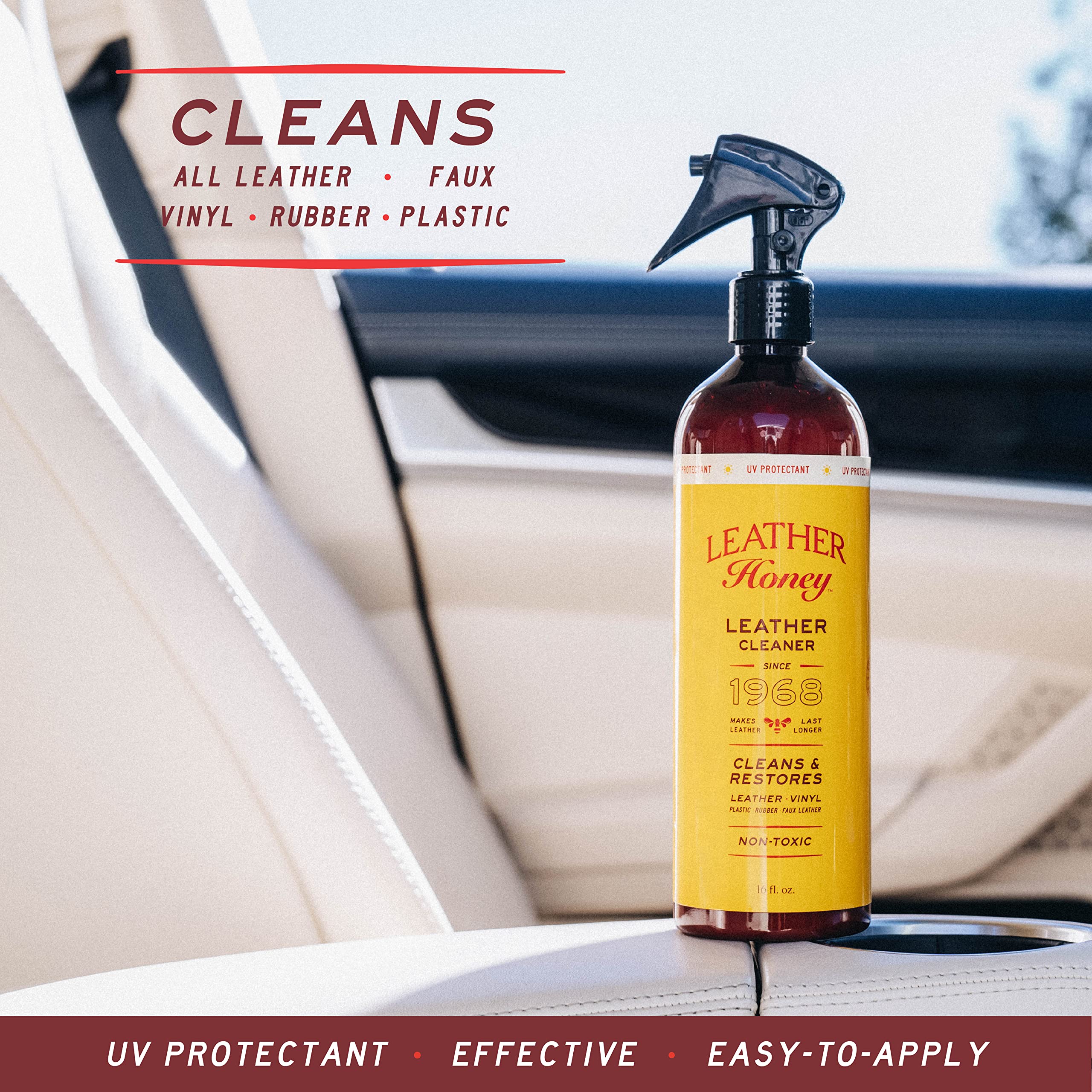 Leather Honey cleaner on car seat interior removes dirt and grime.