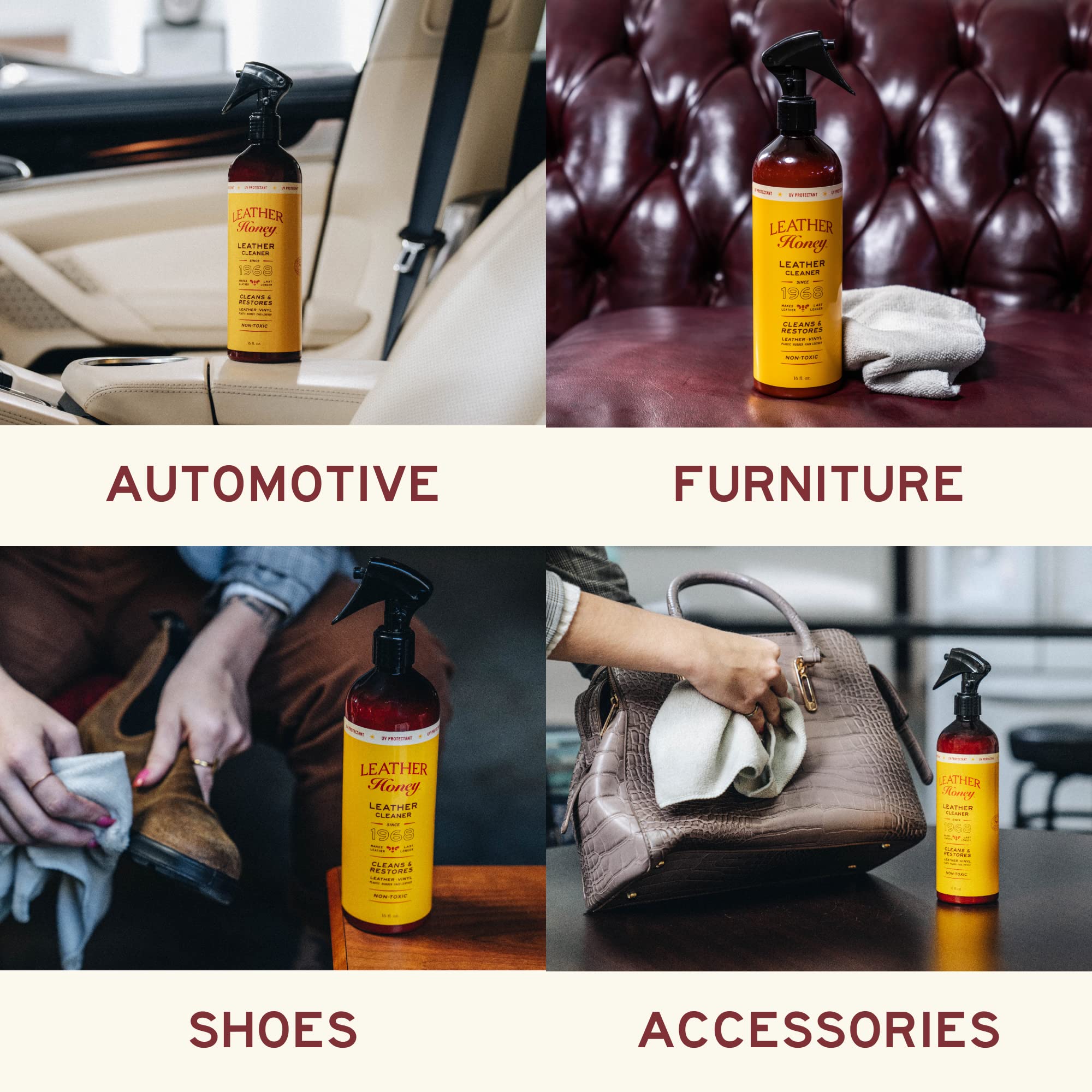 Leather Honey spray demonstrates foam-free application on delicate surfaces.