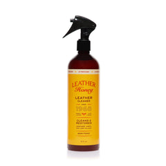 Leather Honey cleaner spray bottle shows UV protectant for leather care.