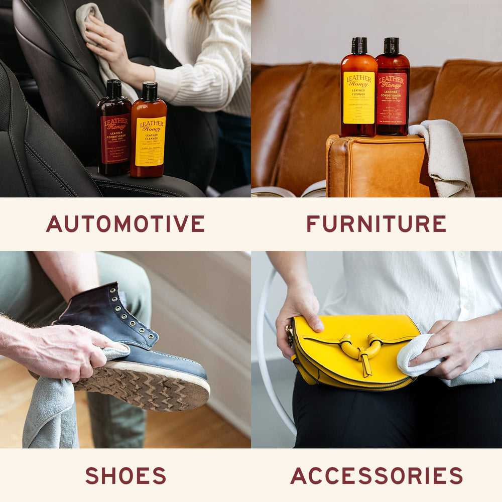 Leather Honey spray application shows easy spray-on cleaning for quick refresh.