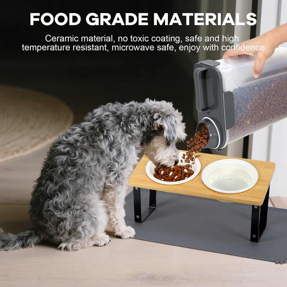 LEAWALK ceramic dog bowls and water bowl set arranged on the stand for convenient feeding