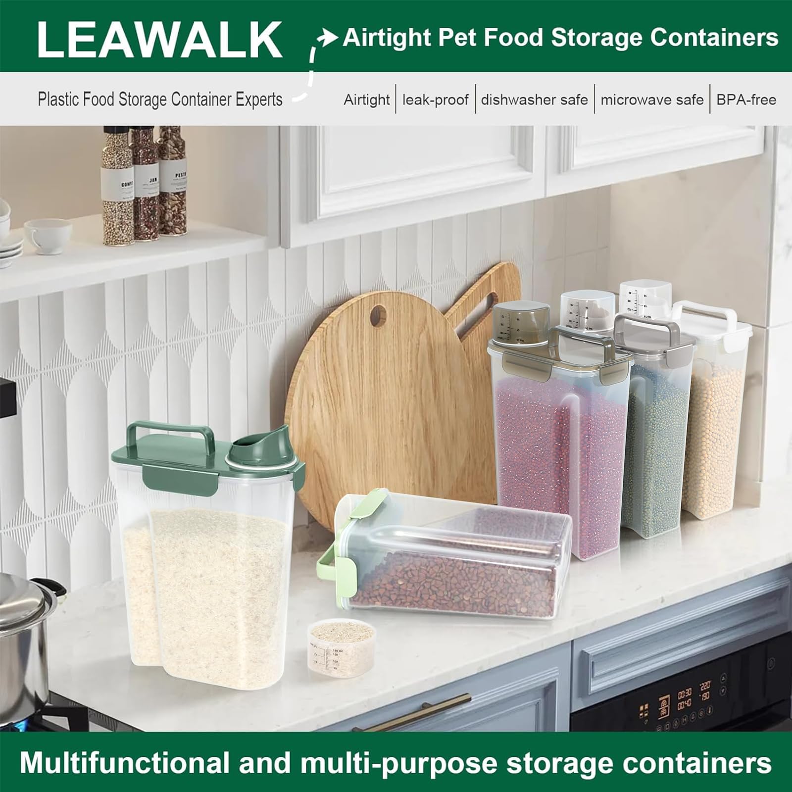 LEAWALK dark green storage bin fits cat and dog food at home.