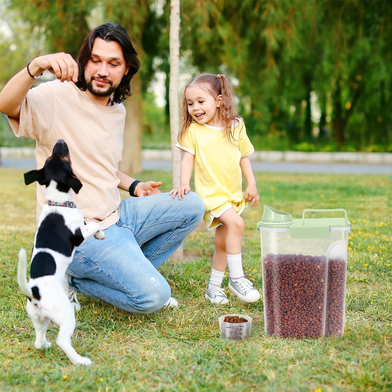 LEAWALK measuring cup included helps portion pet food accurately.