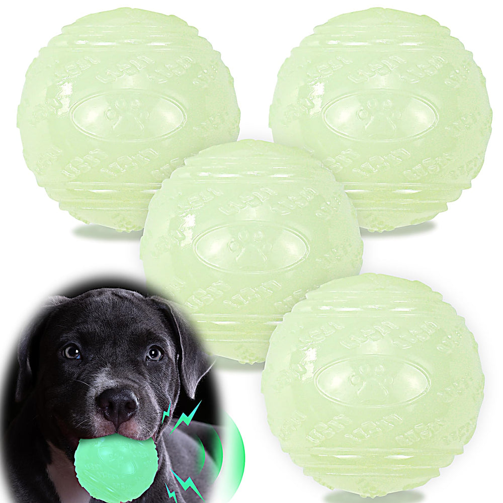 LECHONG 4-pack glow dog balls 2.5 inch for nighttime fetch and visibility.