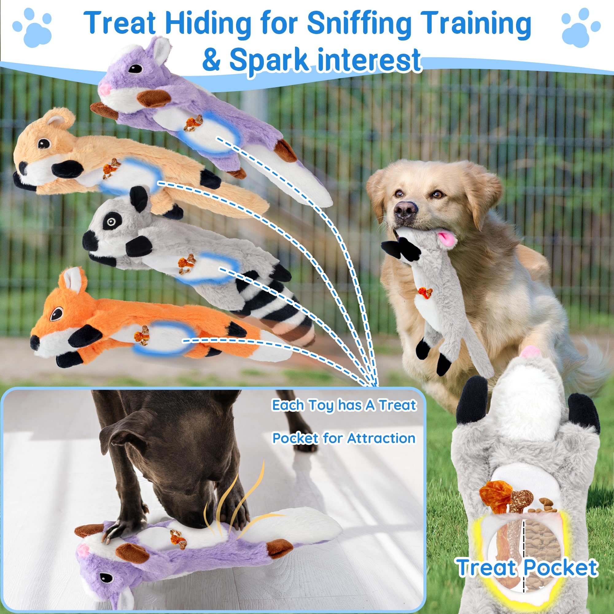 LECHONG stuffless dog toy squirrel engages with squeaker and crinkle for busy dogs.