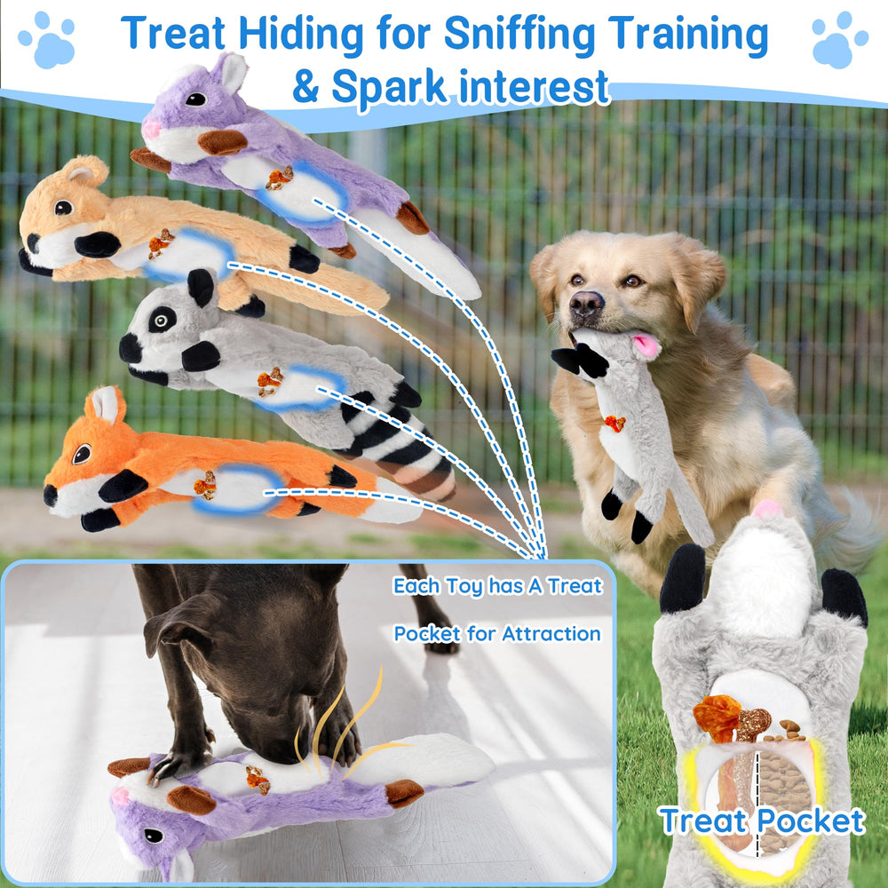 LECHONG stuffless dog toy squirrel engages with squeaker and crinkle for busy dogs.