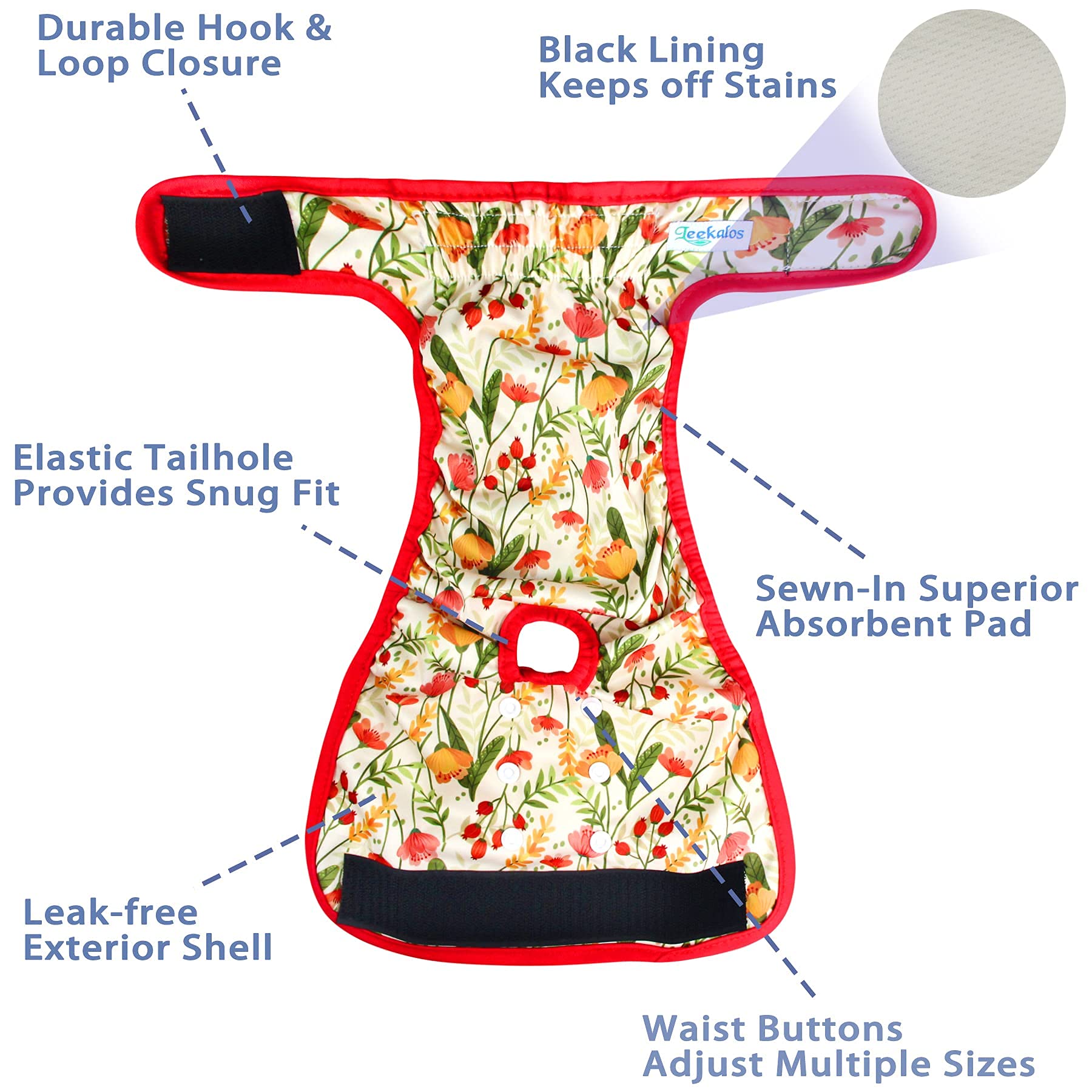 Leekalos dog diapers adjustable-strap closeup demonstrates fur-safe hook-and-loop for secure fit.