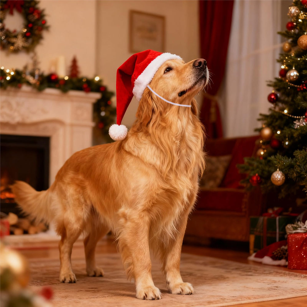 Leewjed holiday photo moment with pet wearing santa hat.