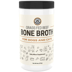 Left Coast Performance beef bone broth powder in a bowl on pet food for tastier meals.