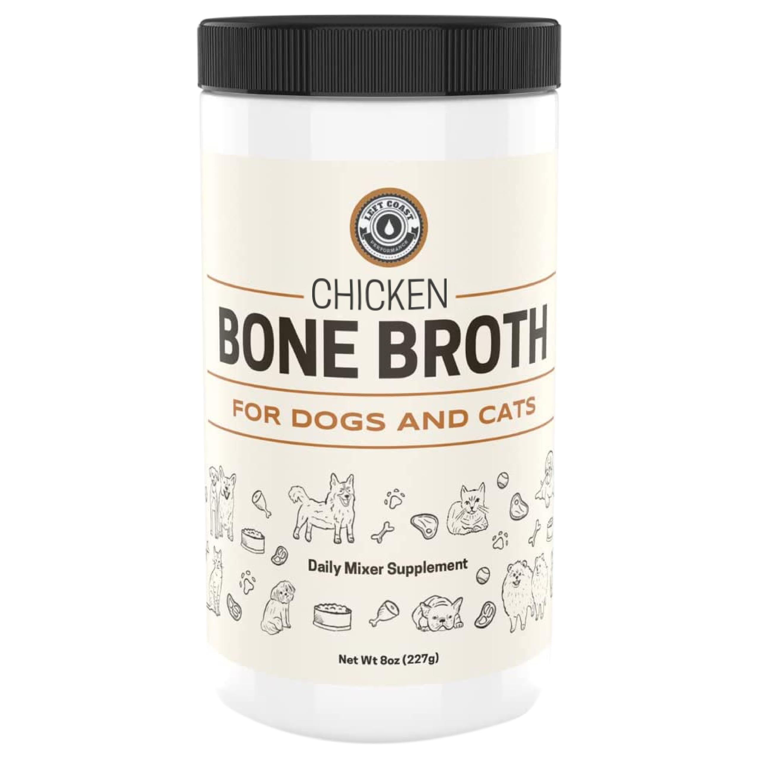 Left Coast Performance bone broth powder bottle entices picky eaters with rich aroma.