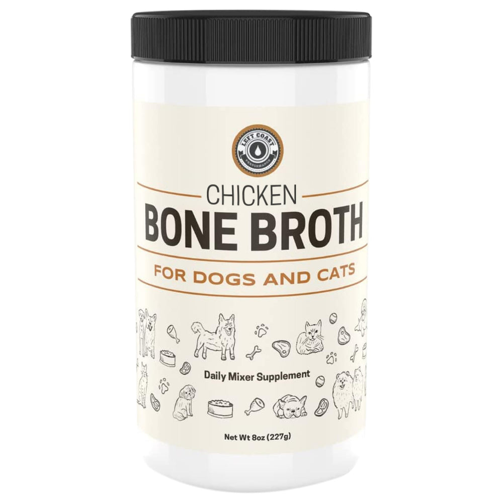 Left Coast Performance bone broth powder bottle entices picky eaters with rich aroma.